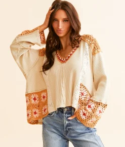 Tops | POL Pieced Crochet Hoodie Wheat Brick