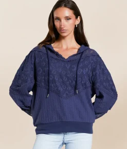 Tops | Miss Me Pieced Crochet Hoodie Washed Navy