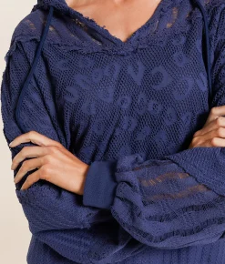 Tops | Miss Me Pieced Crochet Hoodie Washed Navy