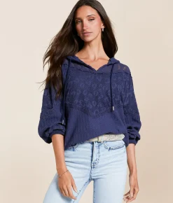 Tops | Miss Me Pieced Crochet Hoodie Washed Navy