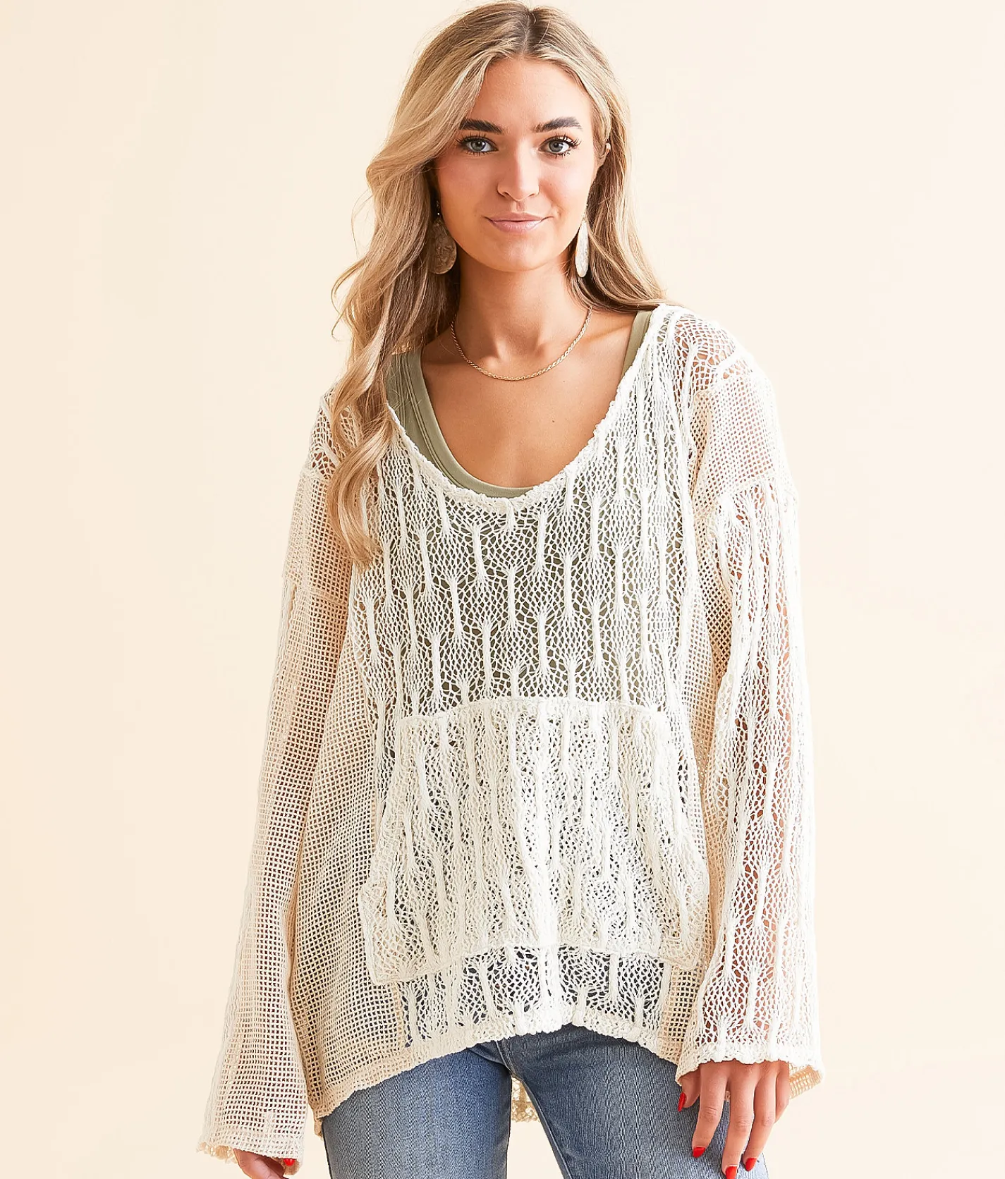 BKE Pieced Crochet Hoodie Cream Discount