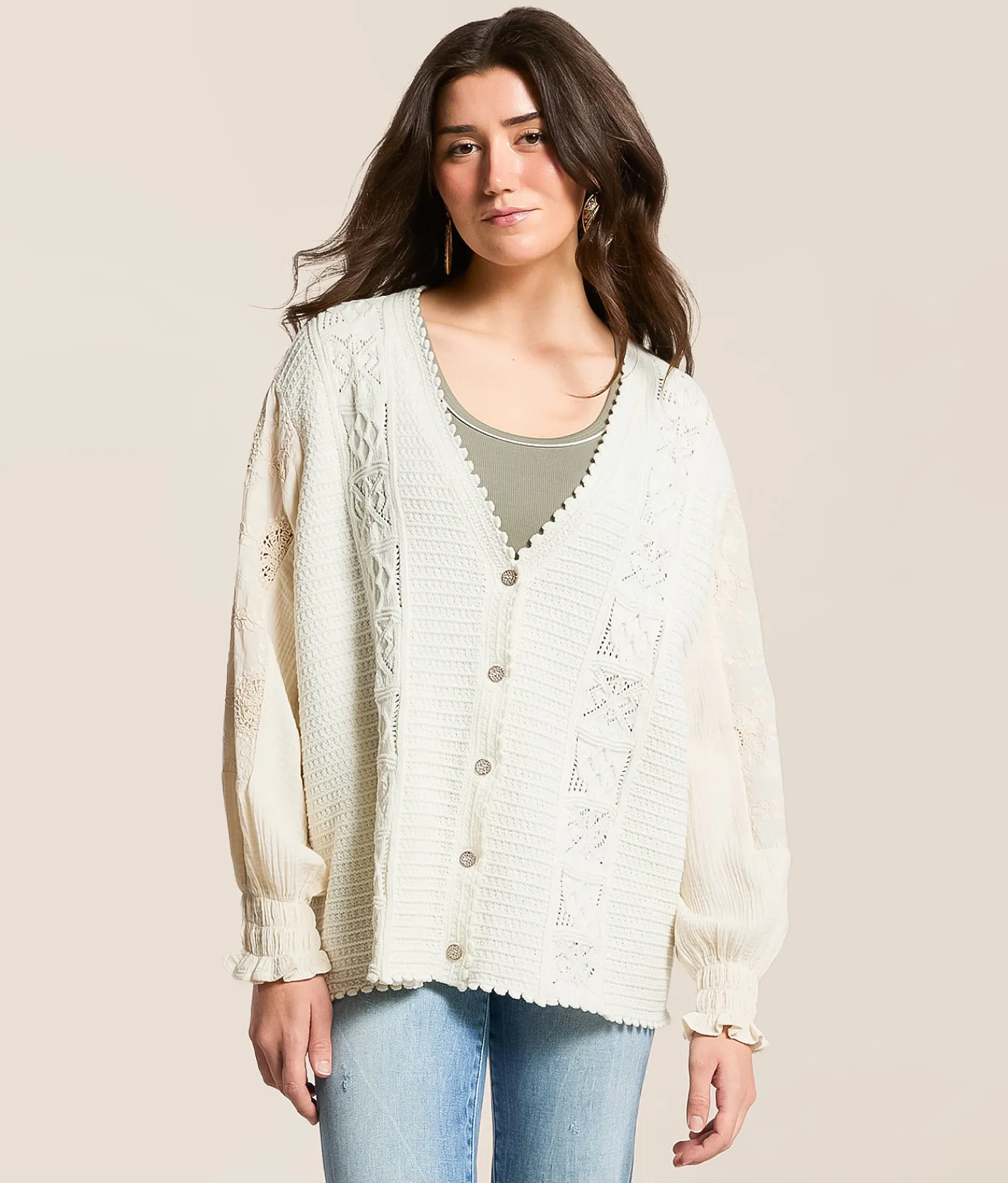 Tops | POL Pieced Crochet Oversized Cardigan Sweater Powder Cream