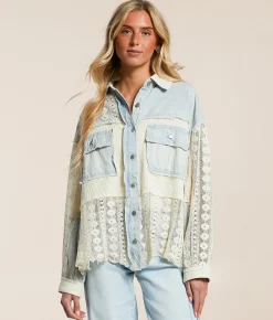 Tops | POL Pieced Crochet Shirt Denim