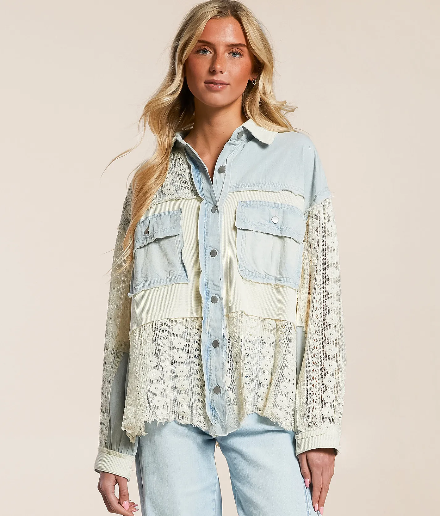 Tops | POL Pieced Crochet Shirt Denim