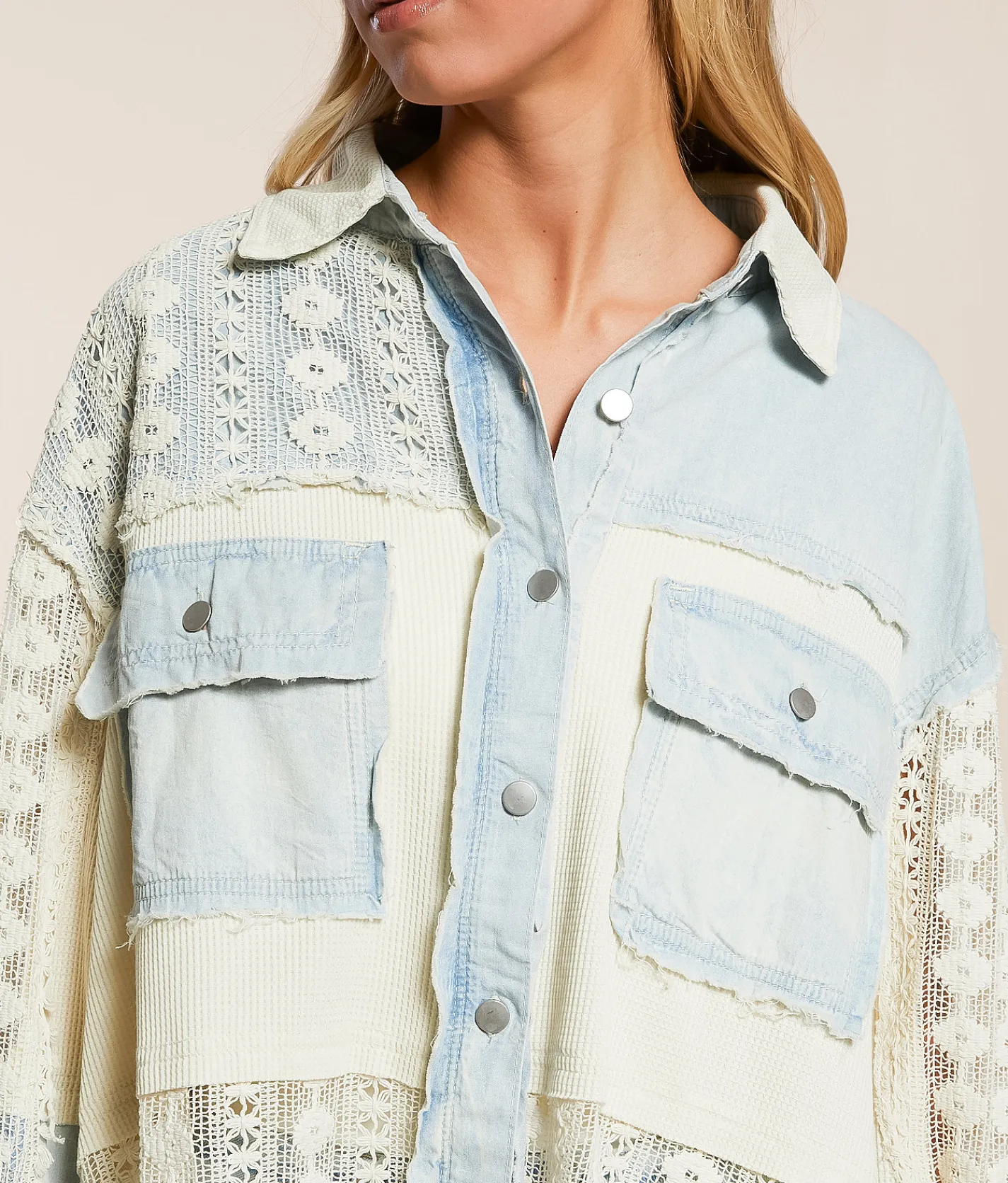 Tops | POL Pieced Crochet Shirt Denim