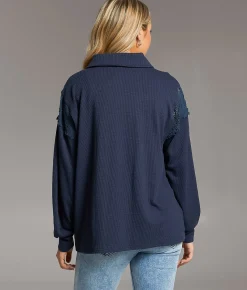 BKE Pieced Crochet Shirt Navy Outlet