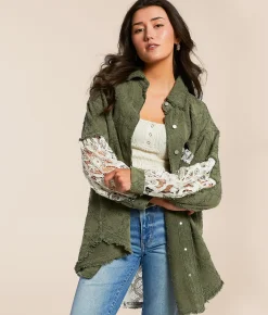 POL Pieced Crochet Shirt Olive Multi Outlet