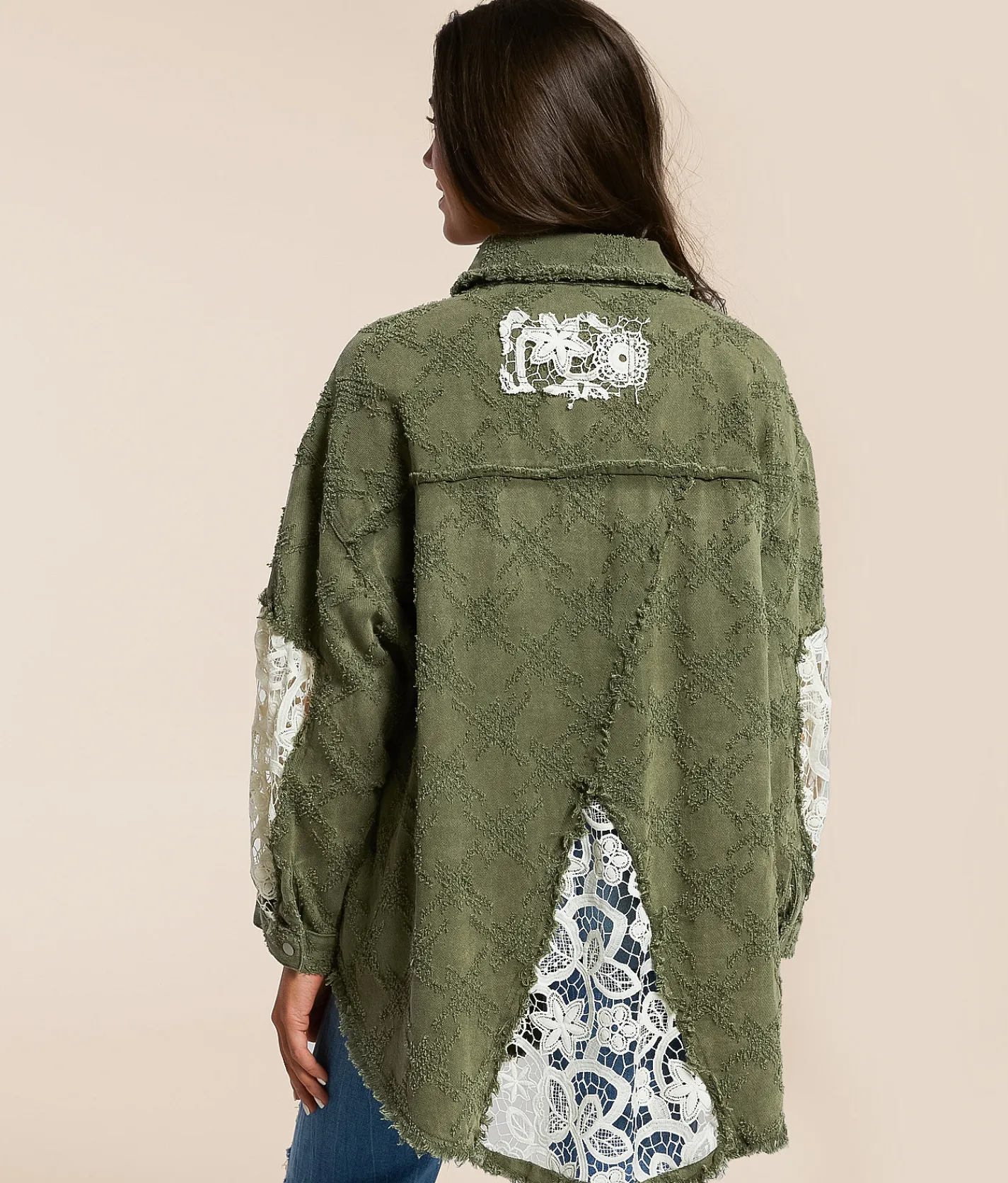 POL Pieced Crochet Shirt Olive Multi Outlet