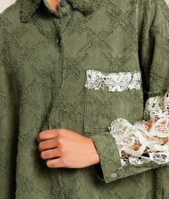 POL Pieced Crochet Shirt Olive Multi Outlet