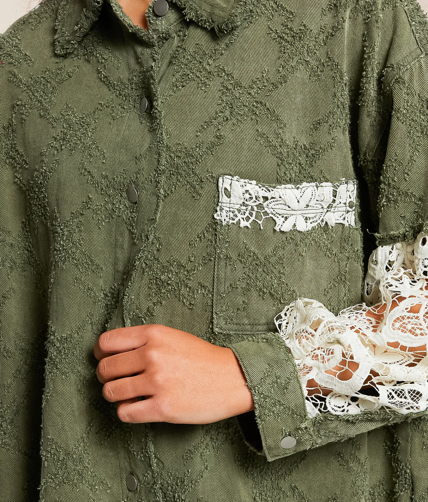 POL Pieced Crochet Shirt Olive Multi Outlet