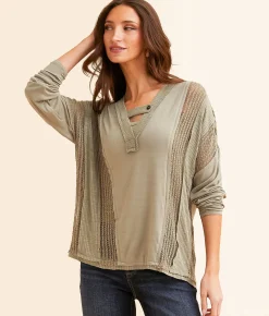 BKE Pieced Crochet Top Vetiver Outlet