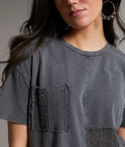 BKE Pieced Crochet T-Shirt Washed Black Clearance