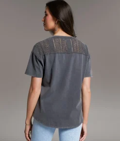 BKE Pieced Crochet T-Shirt Washed Black Clearance