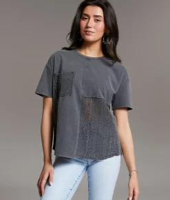 BKE Pieced Crochet T-Shirt Washed Black Clearance