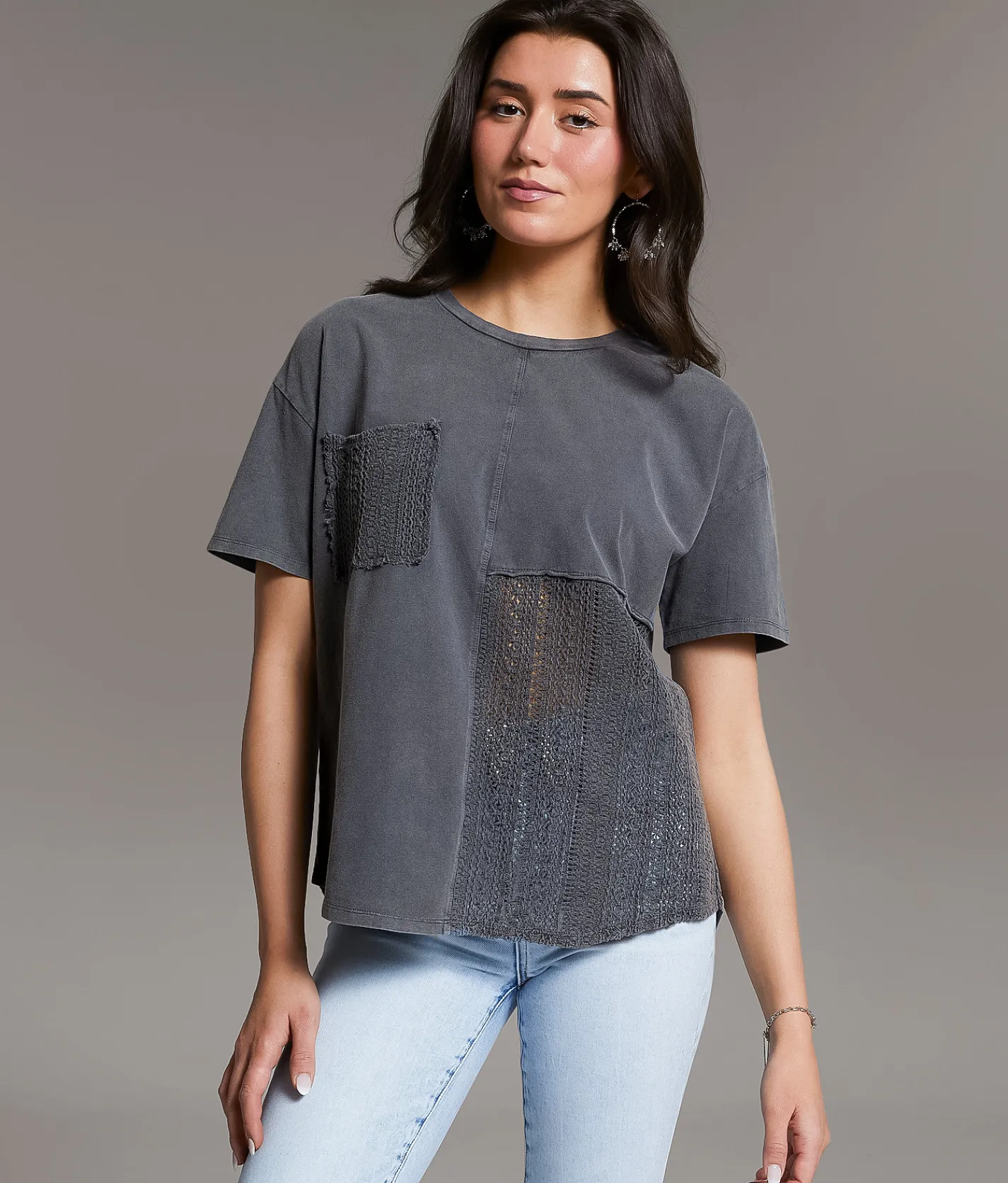 BKE Pieced Crochet T-Shirt Washed Black Clearance