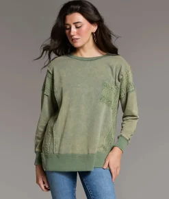 Tops | BKE Pieced Crochet Washed Pullover Laurel Wreath