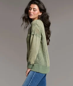 Tops | BKE Pieced Crochet Washed Pullover Laurel Wreath