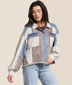POL Pieced Denim Jacket Oatmeal Denim Hot