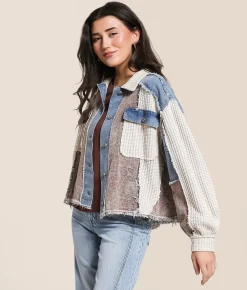 POL Pieced Denim Jacket Oatmeal Denim Hot