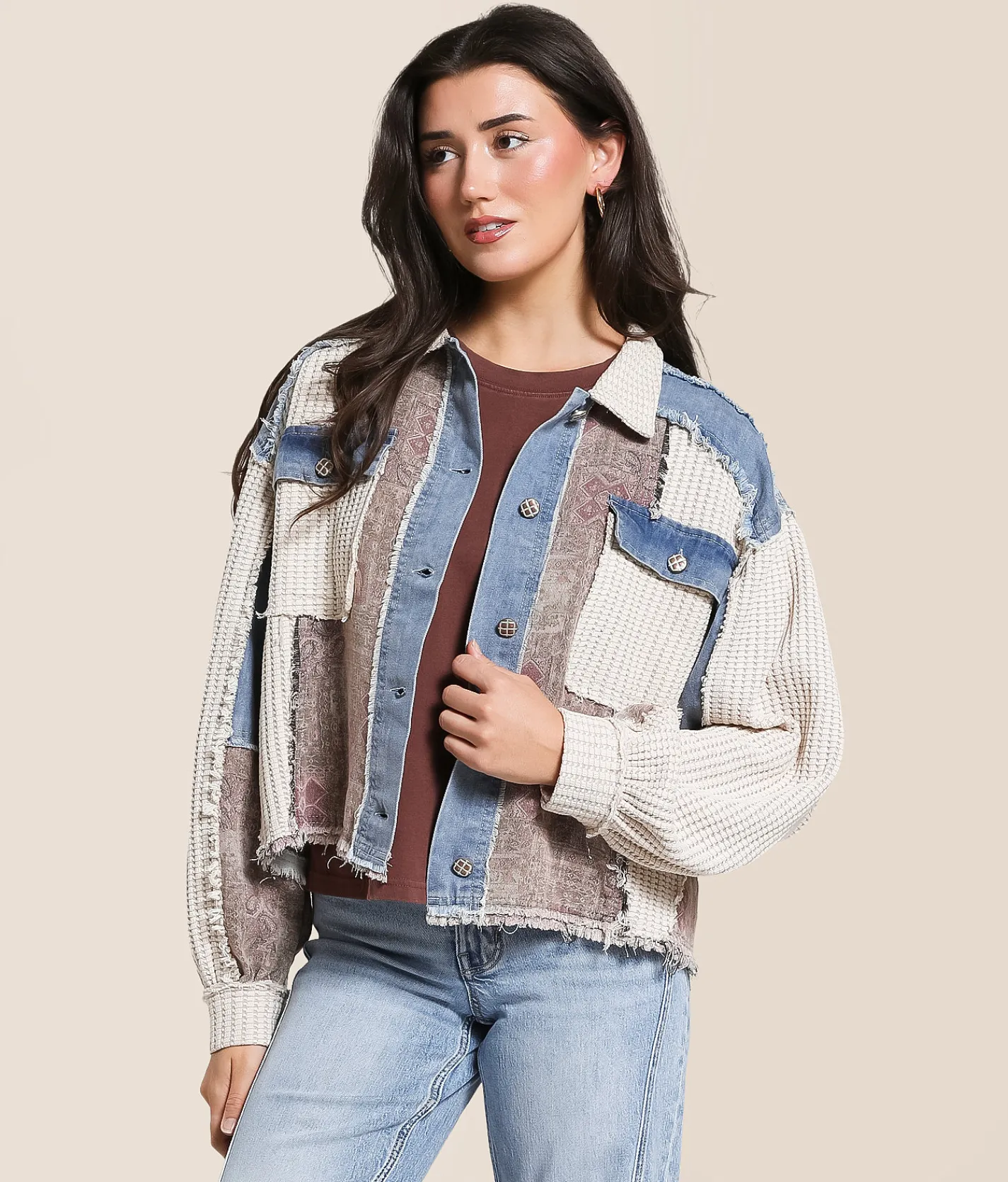 POL Pieced Denim Jacket Oatmeal Denim Hot