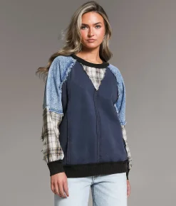 BKE Pieced Denim Washed Pullover Navy Best