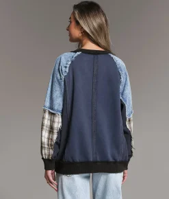 BKE Pieced Denim Washed Pullover Navy Best