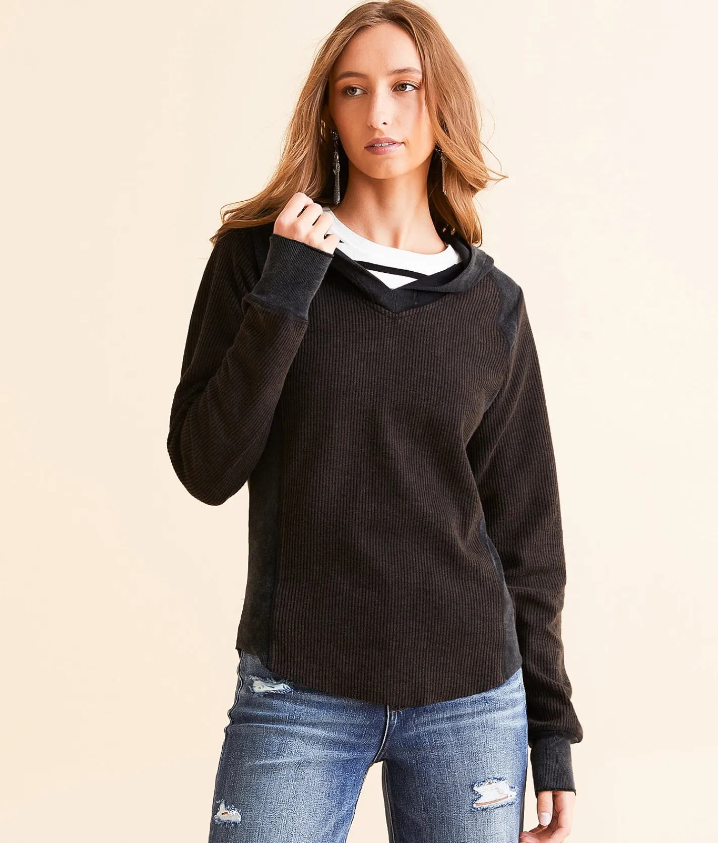 BKE Pieced Exposed Seam Hoodie Washed Black Outlet