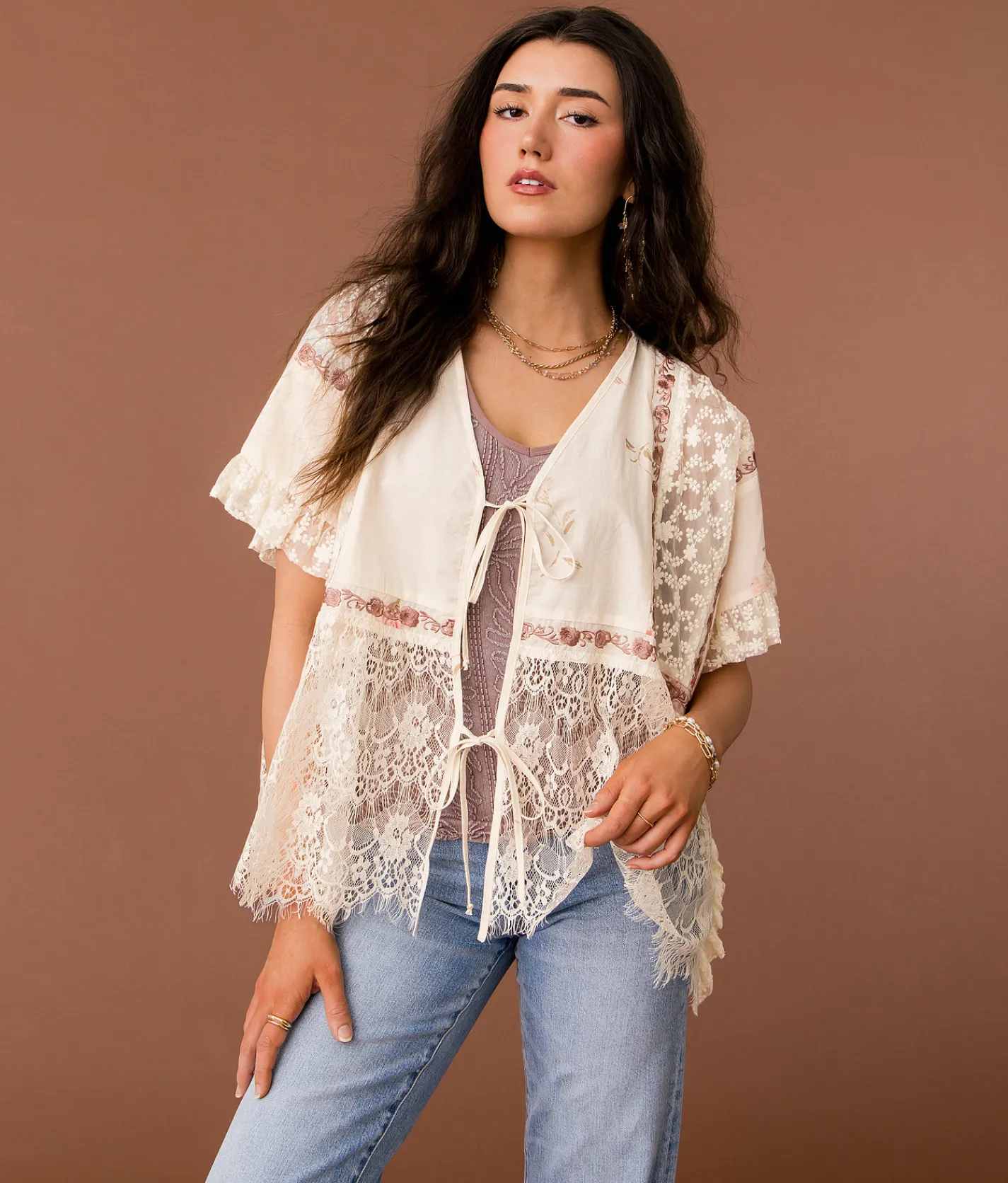 Tops | Gimmicks Pieced Eyelash Lace Kimono Cream