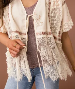 Tops | Gimmicks Pieced Eyelash Lace Kimono Cream