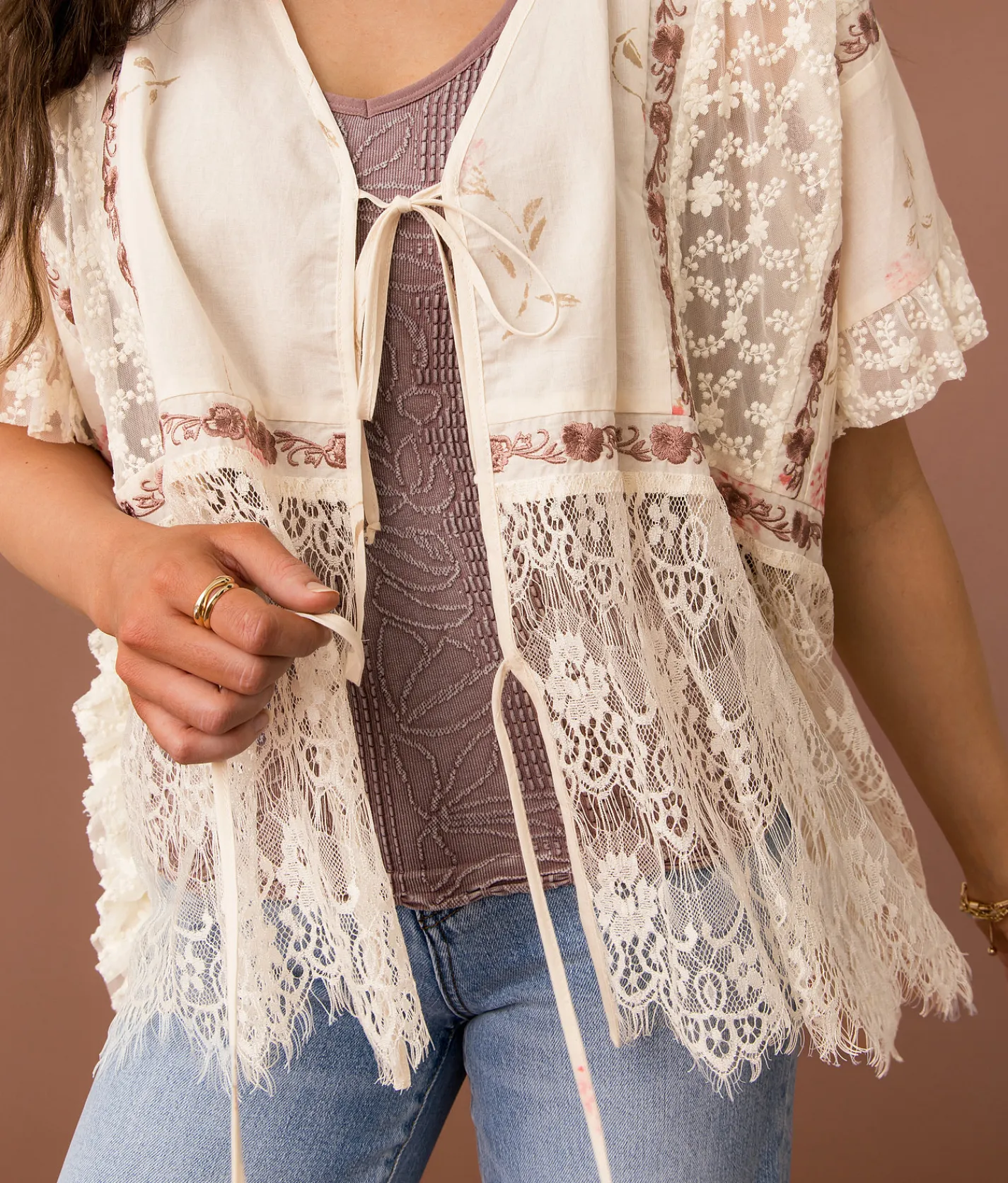 Tops | Gimmicks Pieced Eyelash Lace Kimono Cream