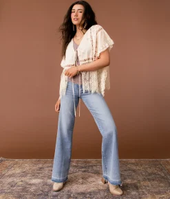 Tops | Gimmicks Pieced Eyelash Lace Kimono Cream