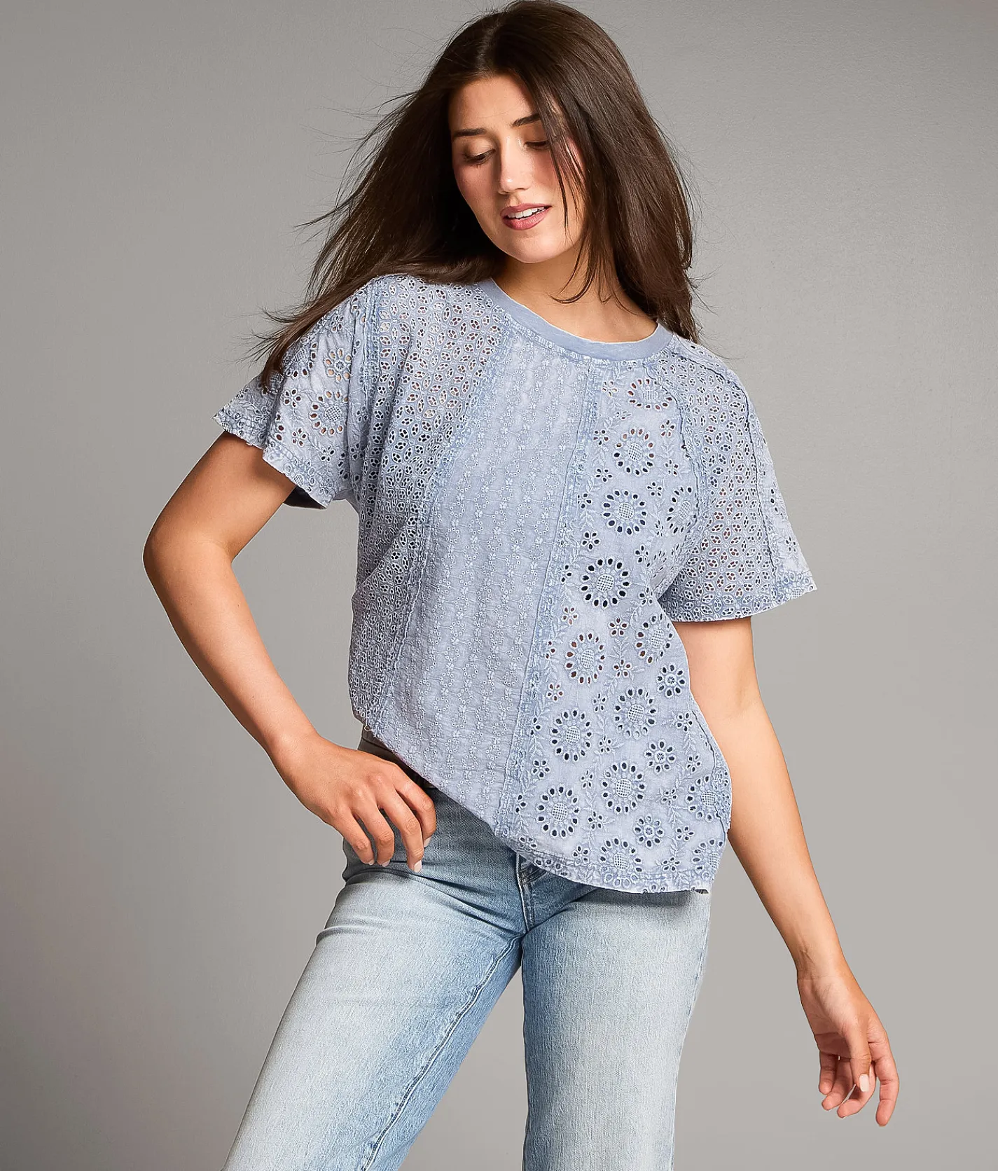 Tops | BKE Pieced Eyelet Lace Top Blue