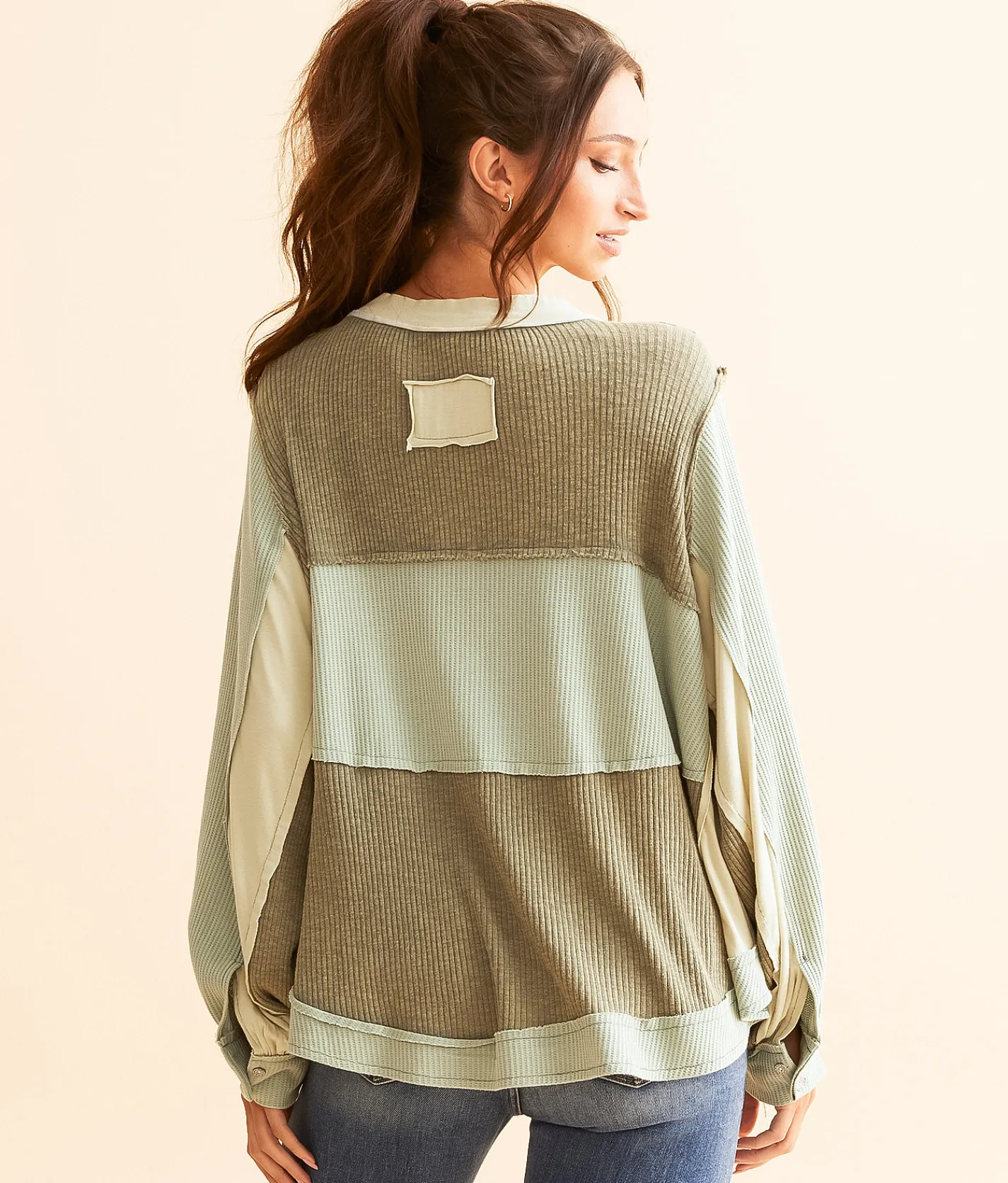 POL Pieced Faux Henley Top Olive Best