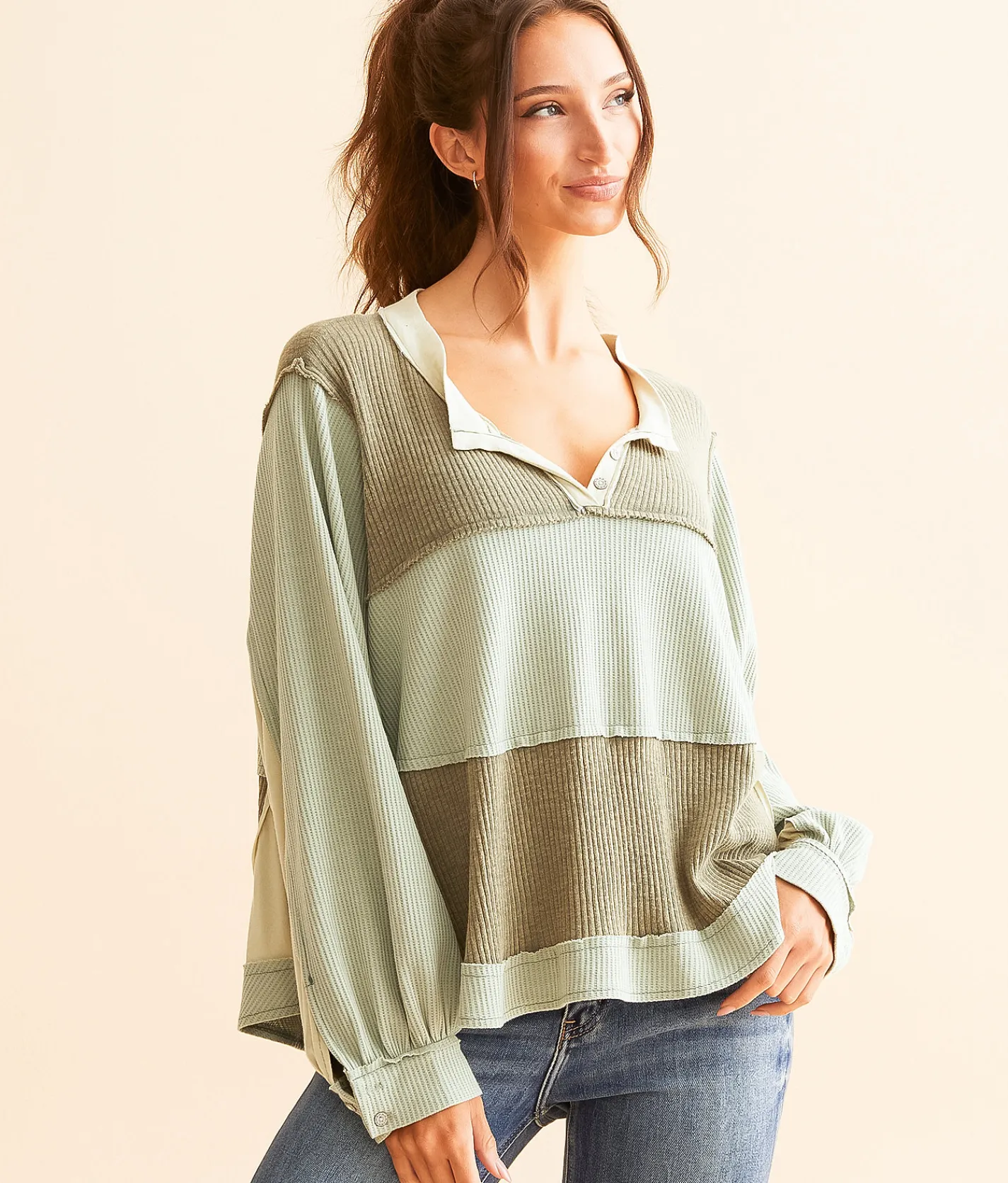 POL Pieced Faux Henley Top Olive Best