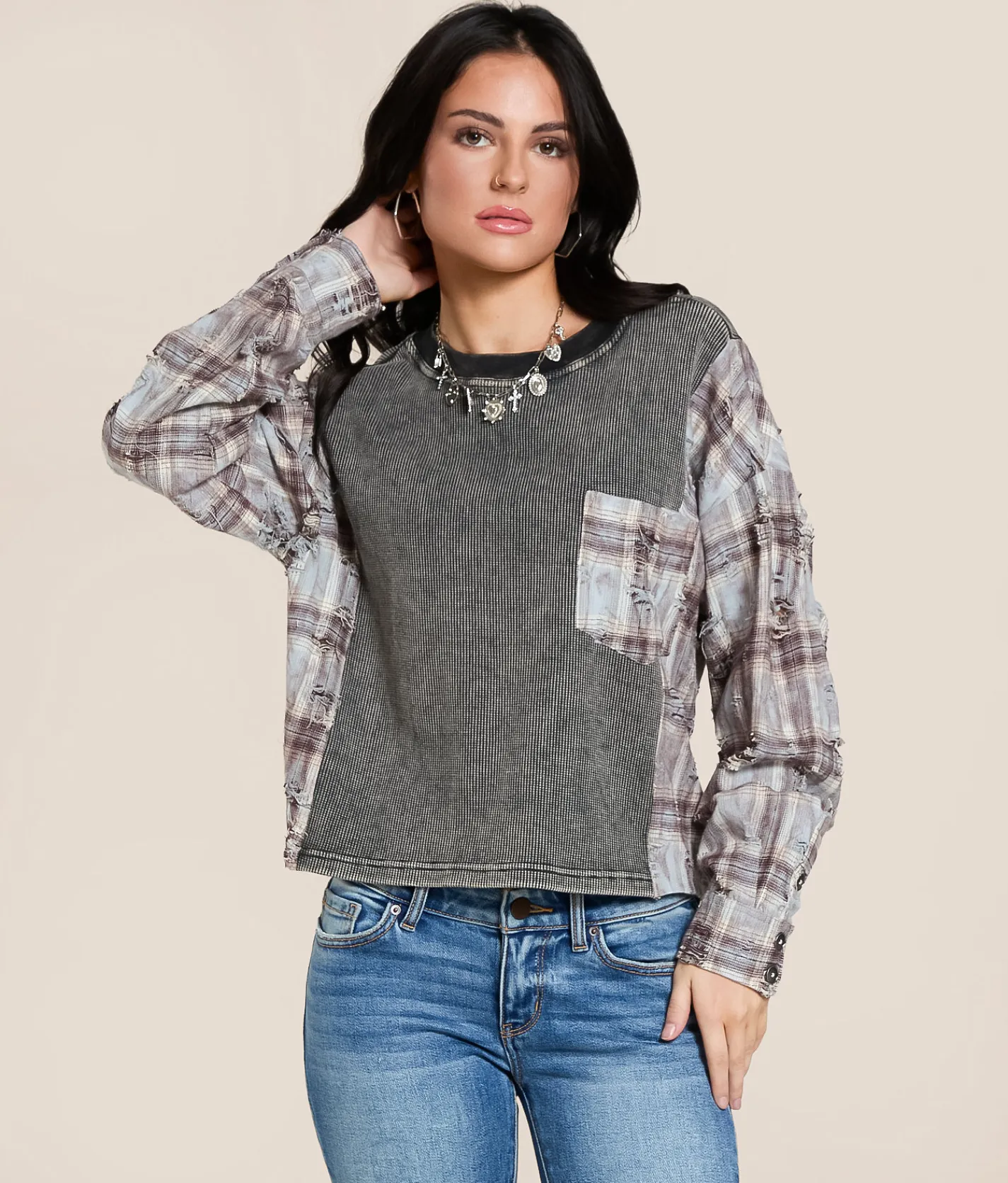 Tops | Gilded Intent Pieced Flannel Washed Thermal Washed Black