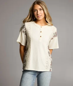 BKE Pieced Floral & Eyelet Henley Cream Outlet