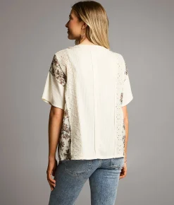 BKE Pieced Floral & Eyelet Henley Cream Outlet
