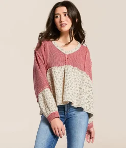 POL Pieced Floral Baby Doll Top Hibiscus Outlet