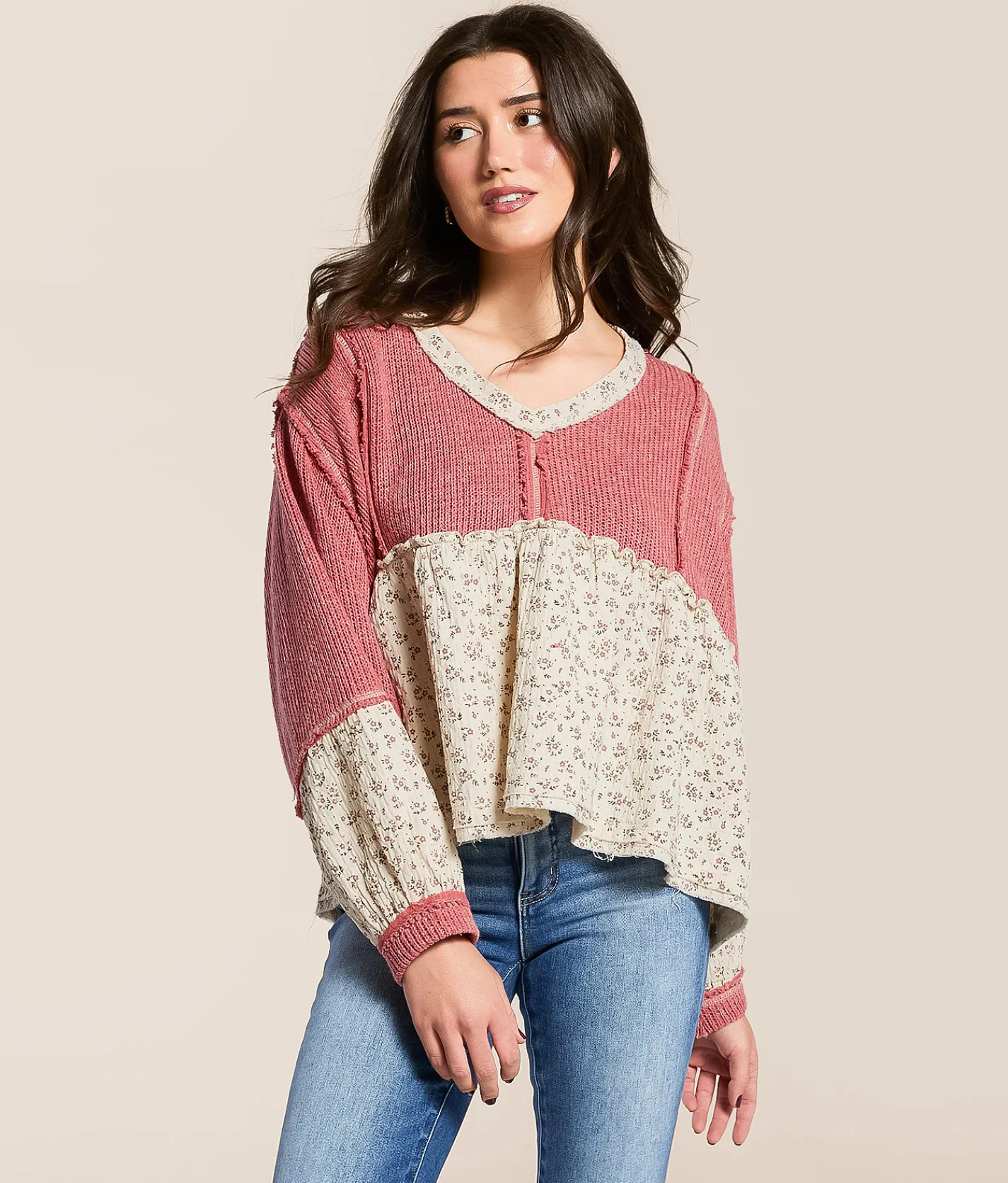 POL Pieced Floral Baby Doll Top Hibiscus Outlet