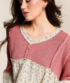 POL Pieced Floral Baby Doll Top Hibiscus Outlet