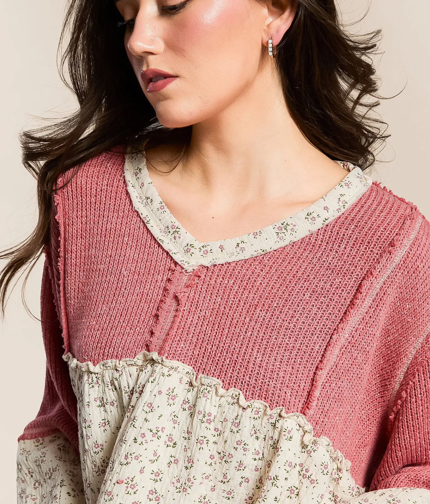 POL Pieced Floral Baby Doll Top Hibiscus Outlet