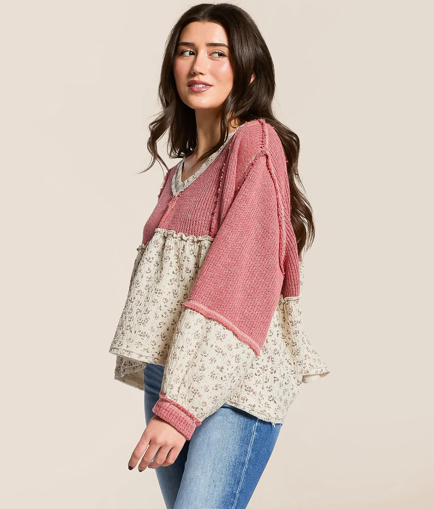 POL Pieced Floral Baby Doll Top Hibiscus Outlet