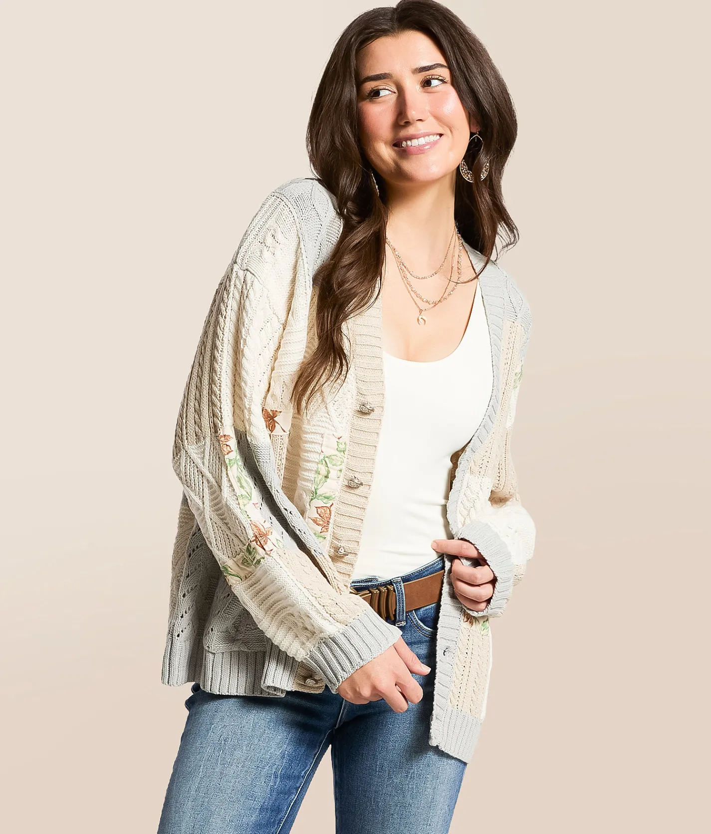Tops | POL Pieced Floral Cable Knit Cardigan Sweater Natural Grey