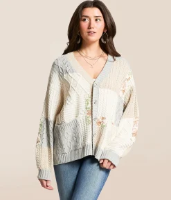 Tops | POL Pieced Floral Cable Knit Cardigan Sweater Natural Grey