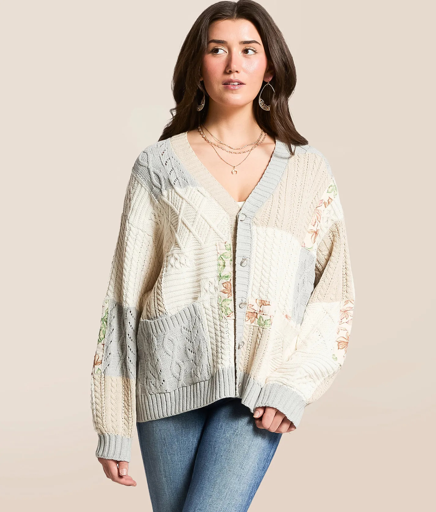 Tops | POL Pieced Floral Cable Knit Cardigan Sweater Natural Grey
