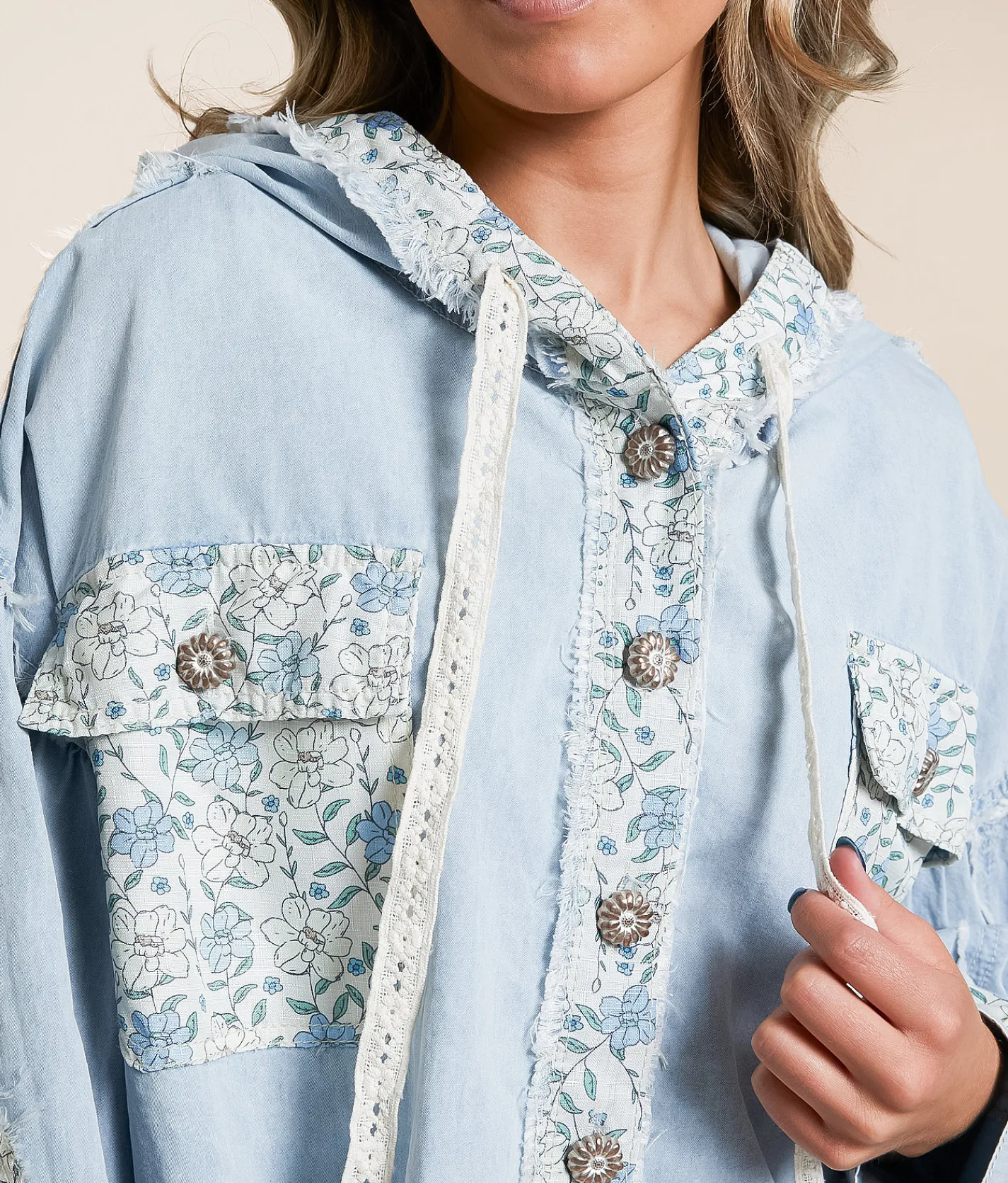 POL Pieced Floral Chambray Shacket Denim