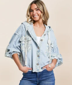 POL Pieced Floral Chambray Shacket Denim