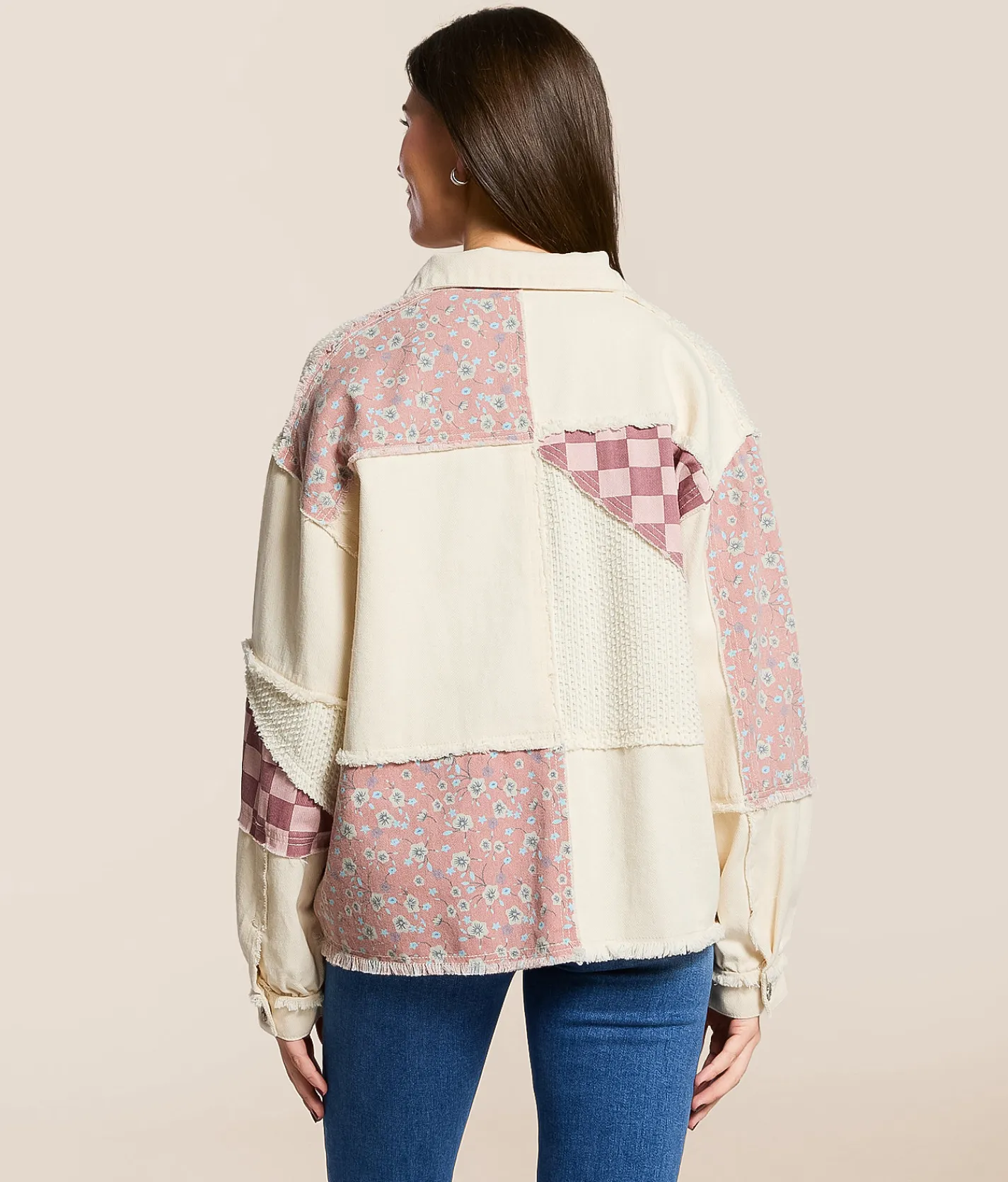 POL Pieced Floral Checkered Denim Shacket Cream Outlet