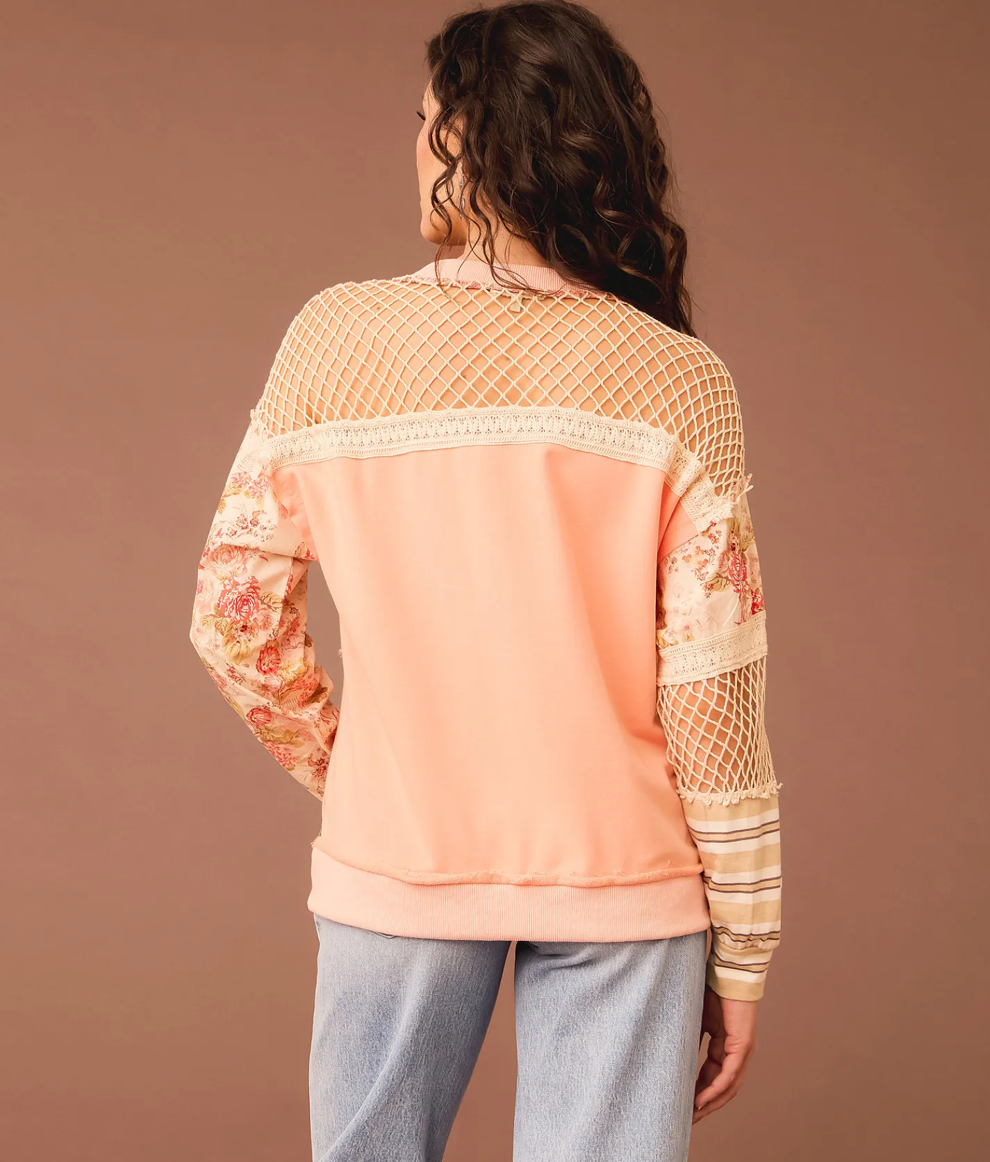 Gimmicks Pieced Floral Crochet Pullover Coral Sale