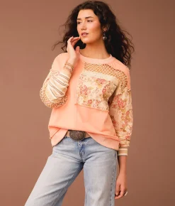 Gimmicks Pieced Floral Crochet Pullover Coral Sale